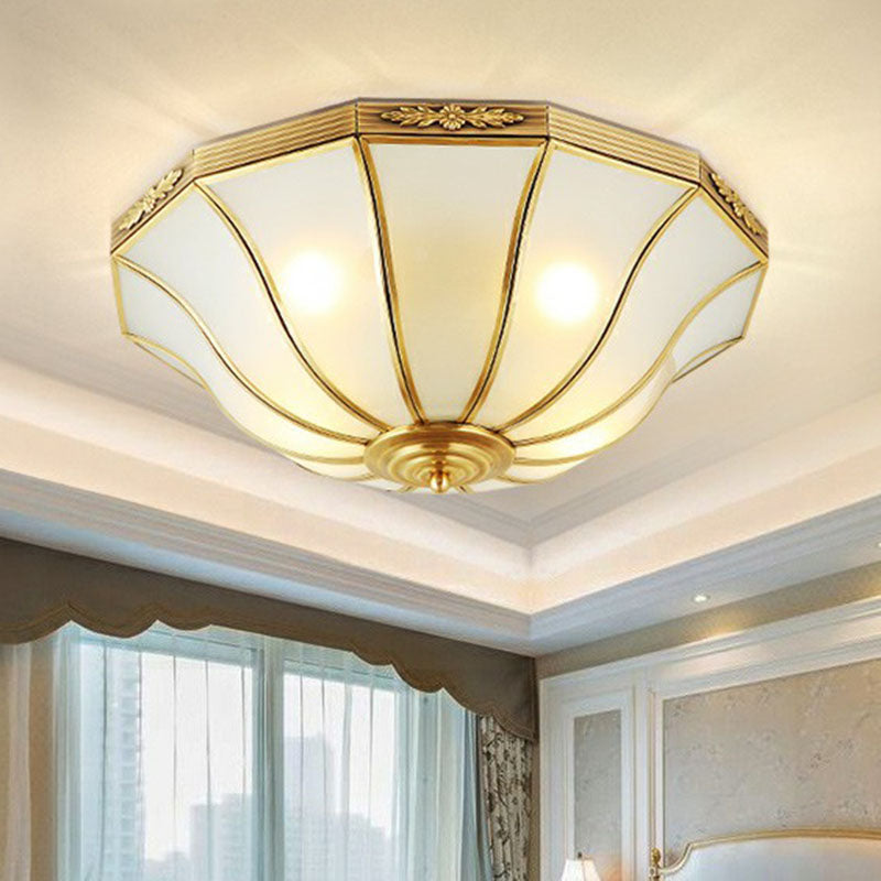 Opaline Glass Bell Shaped Flush Mount Ceiling Light In Brass - Traditional Lamp For Corridors