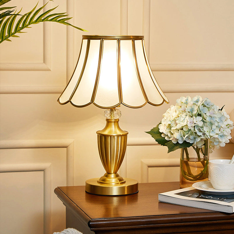 Vintage Brass Bell Shade Nightstand Lamp With Beveled Glass - Elegant Table Lighting For Living Room