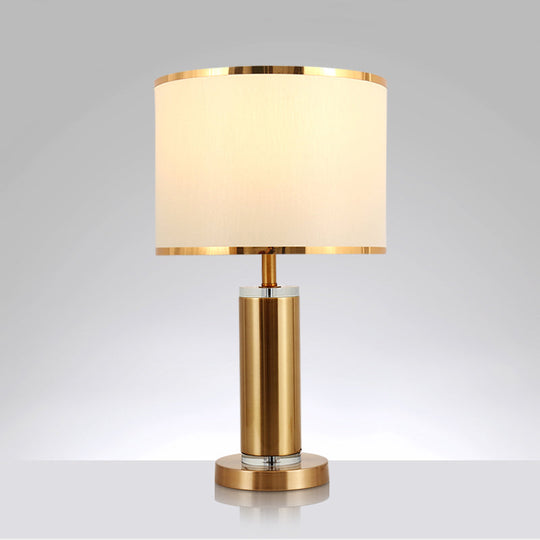 Minimalist Fabric Cylinder Table Lamp: 1-Light Brass Nightstand Lighting With Drum Shade