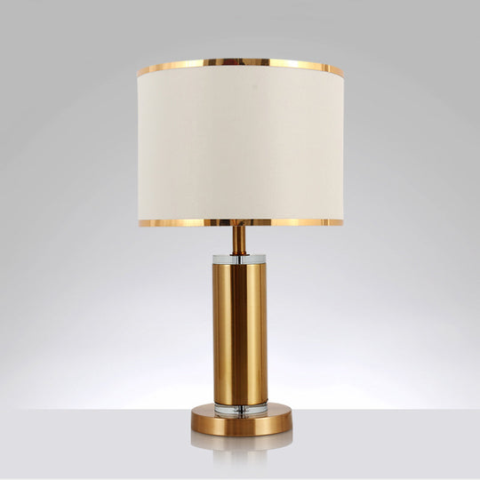 Minimalist Fabric Cylinder Table Lamp: 1-Light Brass Nightstand Lighting With Drum Shade