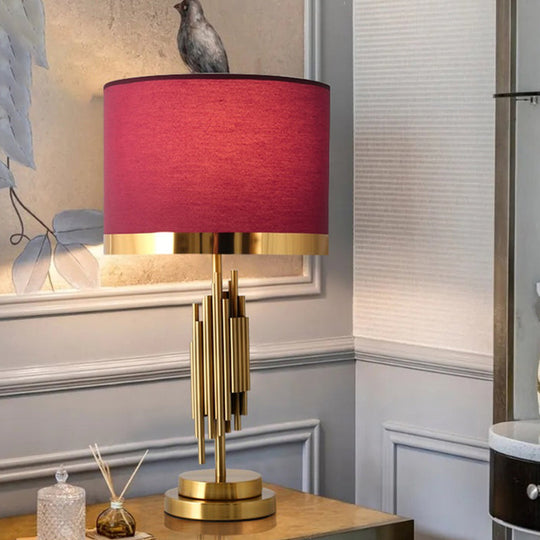 Red Traditional Fabric Table Light With Single Drum Shade - Perfect For Living Room Nightstand