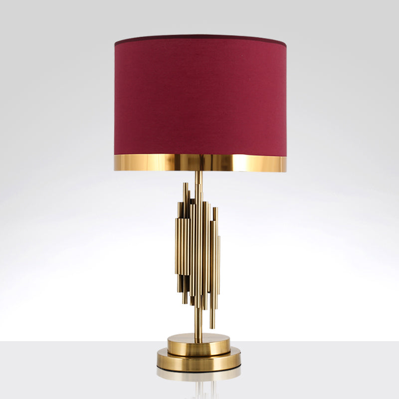 Red Traditional Fabric Table Light With Single Drum Shade - Perfect For Living Room Nightstand