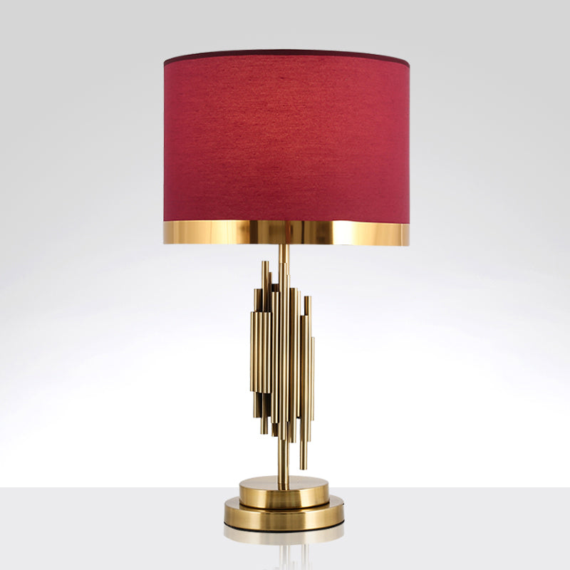 Red Traditional Fabric Table Light With Single Drum Shade - Perfect For Living Room Nightstand