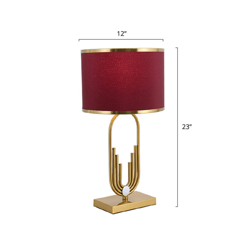 Red Fabric Drum Nightstand Lamp: Simplicity 1 Bulb Bedside Table Lighting For Living Room