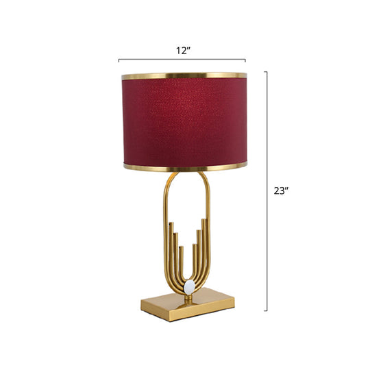 Red Fabric Drum Nightstand Lamp: Simplicity 1 Bulb Bedside Table Lighting For Living Room