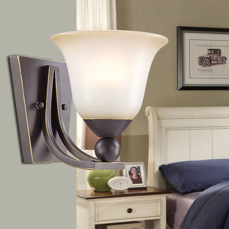 Traditional Black Wall Sconce With Flared Frosted Glass Shade For Bedroom