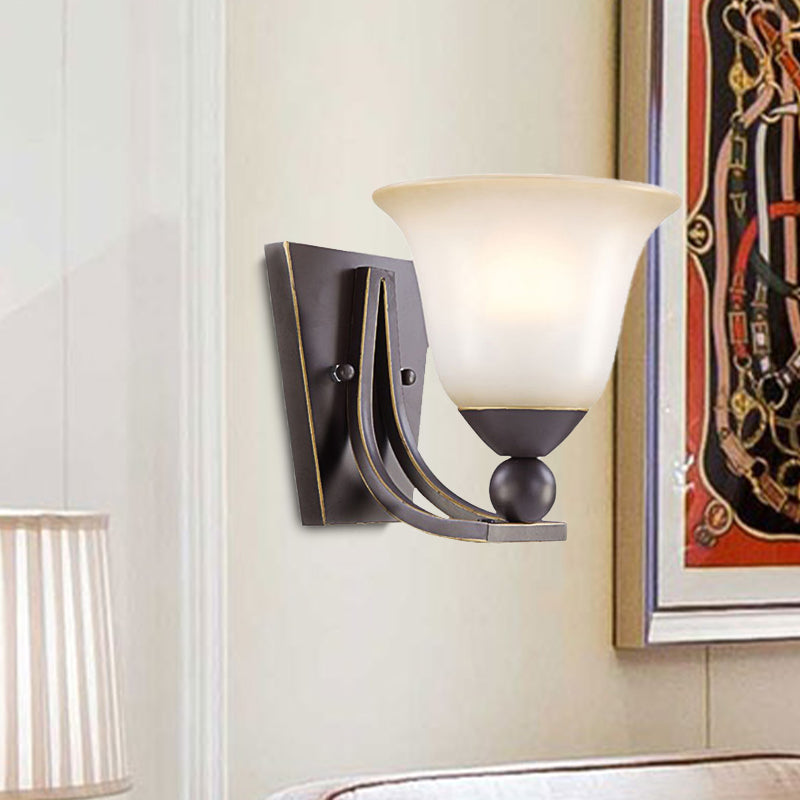 Traditional Black Wall Sconce With Flared Frosted Glass Shade For Bedroom