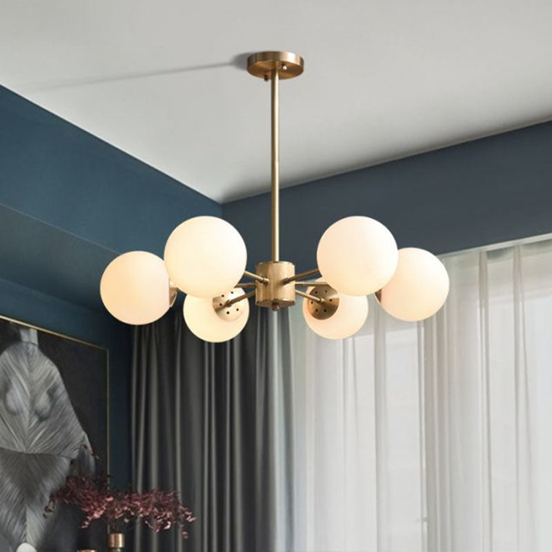 Frosted White Glass Ball Chandelier With Minimalist Gold Finish - Elegant Ceiling Light For Dining