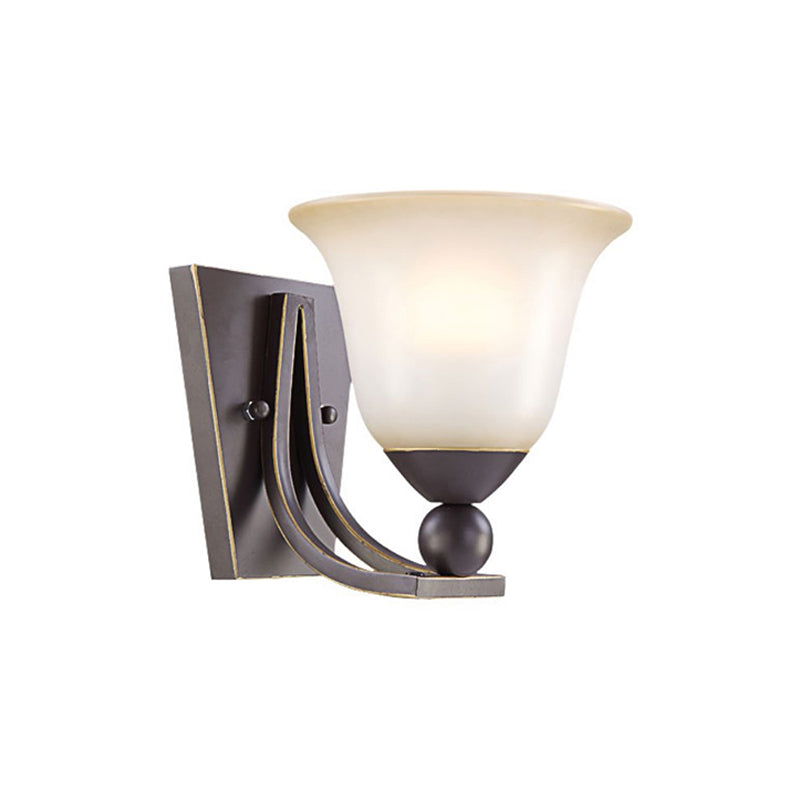 Traditional Black Wall Sconce With Flared Frosted Glass Shade For Bedroom