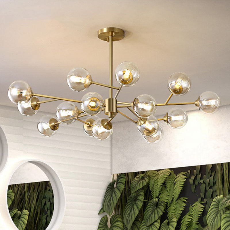 Golden Metal Chandelier With Amber Glass Shade - Modern Hanging Ceiling Light