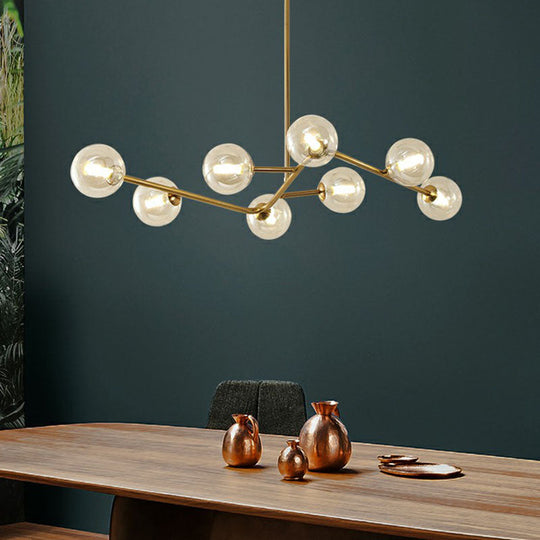 Sleek Brass Finish Molecule Chandelier: Simplicity In 8-Bulb Metal Suspension Light With Glass Ball