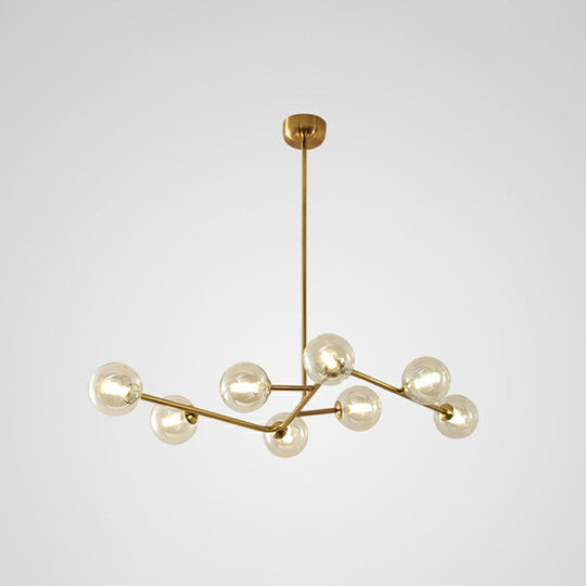 Sleek Brass Finish Molecule Chandelier: Simplicity In 8-Bulb Metal Suspension Light With Glass Ball