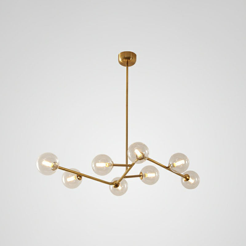 Sleek Brass Finish Molecule Chandelier: Simplicity In 8-Bulb Metal Suspension Light With Glass Ball