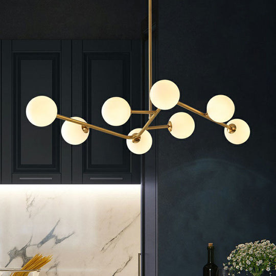 Sleek Brass Finish Molecule Chandelier: Simplicity In 8-Bulb Metal Suspension Light With Glass Ball