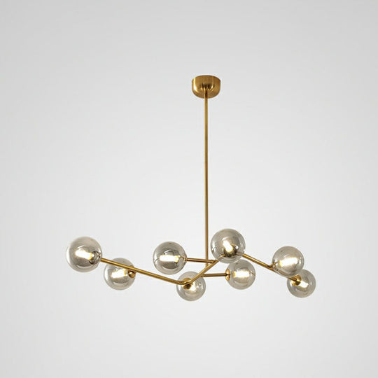 8-Light Brass Finish Molecular Chandelier with Glass Ball Shades for Simple yet Elegant Suspension Lighting