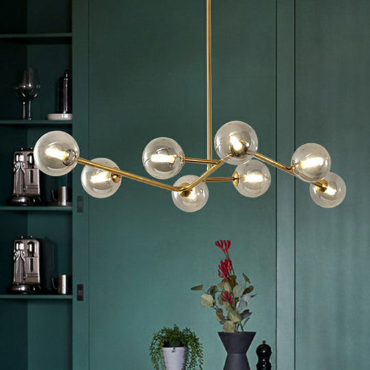 8-Light Brass Finish Molecular Chandelier with Glass Ball Shades for Simple yet Elegant Suspension Lighting