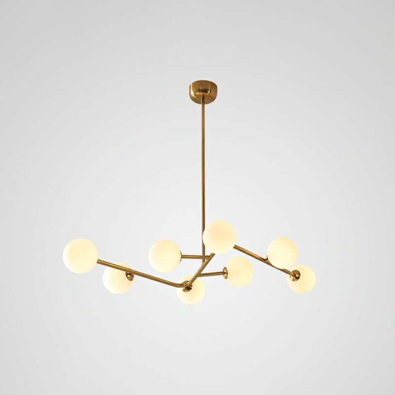 Sleek Brass Finish Molecule Chandelier: Simplicity In 8-Bulb Metal Suspension Light With Glass Ball