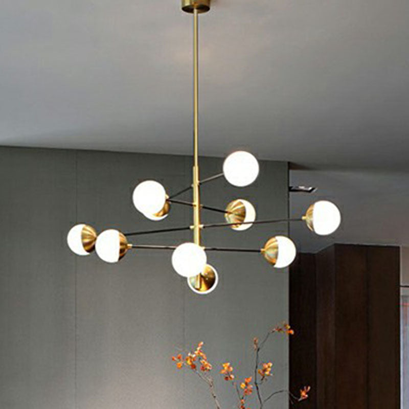 Postmodern Gold-Toned Tiered Restaurant Chandelier With White Glass Balls - Hanging Light Fixture