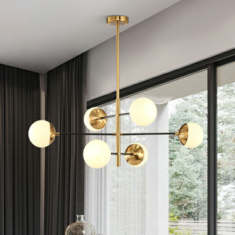 White Glass Postmodern Hanging Chandelier - Tiered Restaurant Ceiling Light in Gold