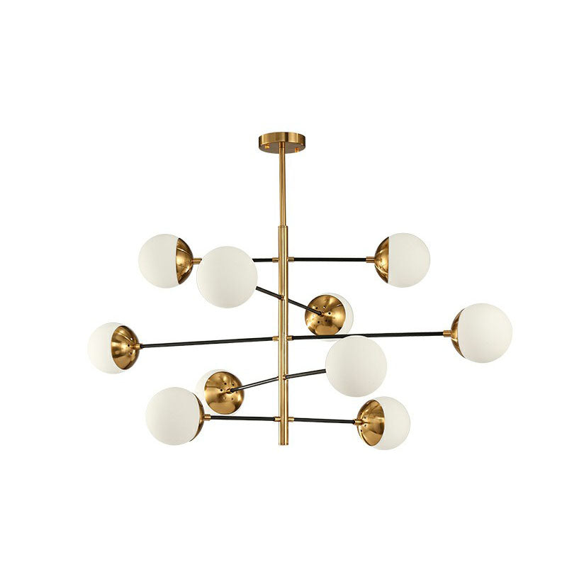 White Glass Postmodern Hanging Chandelier - Tiered Restaurant Ceiling Light in Gold