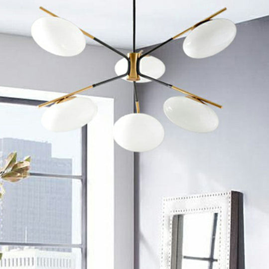 Modern Black-Brass Chandelier Lamp With Cream Glass Shade - Sleek Oval Ceiling Hang Light