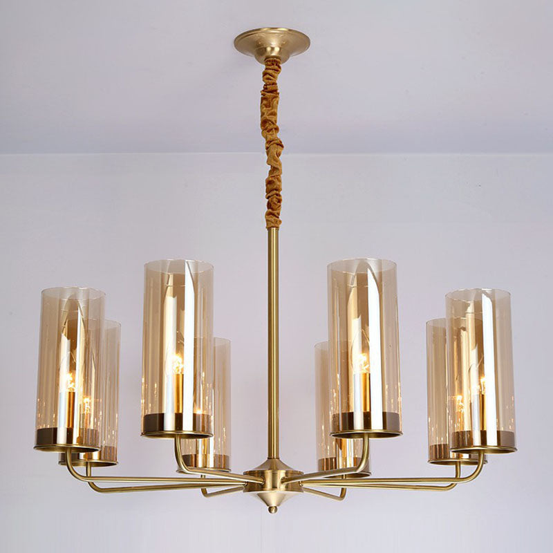 Postmodern Tubular Chandelier With Glass Shade - Brass Pendant Light For Living Room 8 / Amber