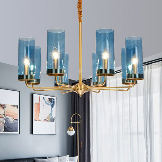 Postmodern Tubular Chandelier With Glass Shade - Brass Pendant Light For Living Room 8 / Blue