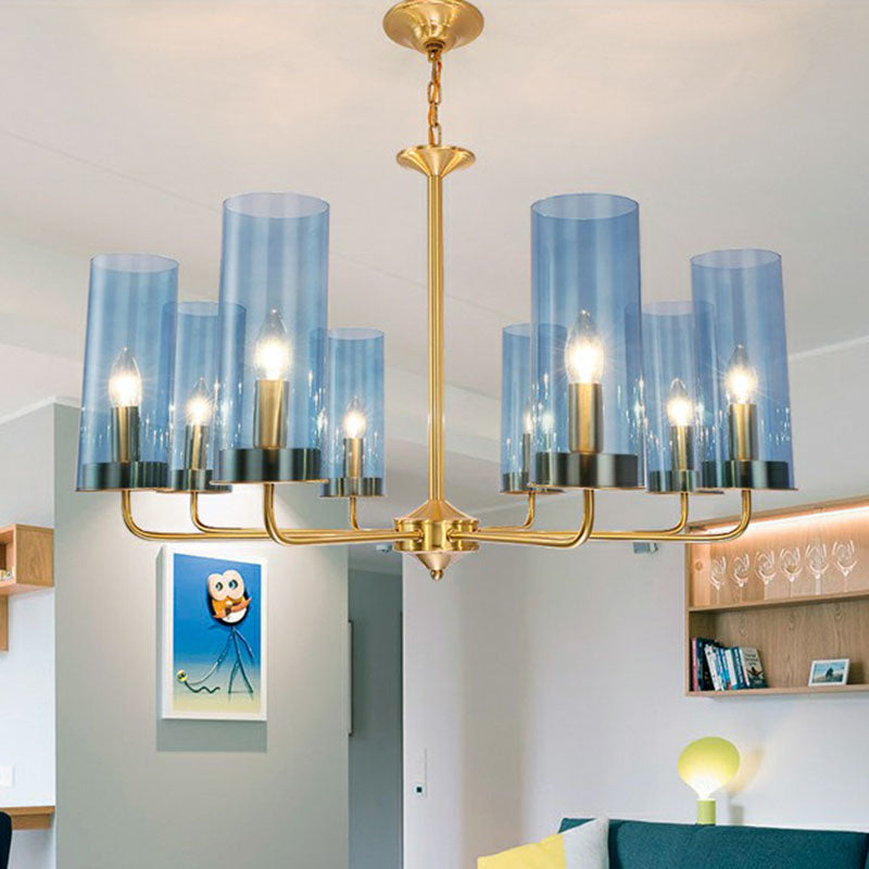 Modern Brass Pendant Light: Tubular Up Chandelier for Living Room - Glass Hanging Fixture