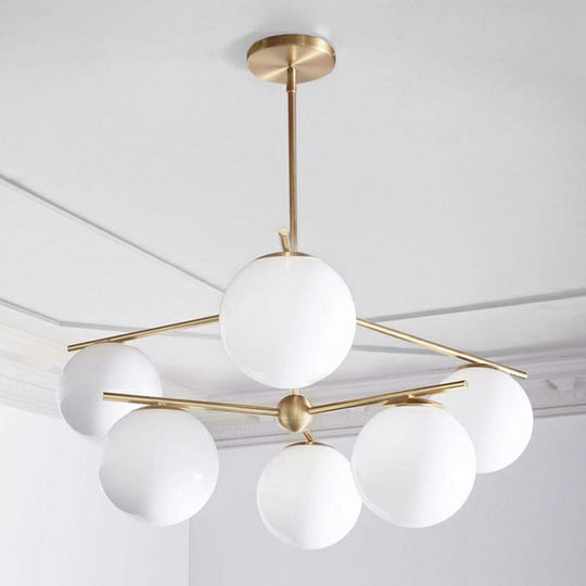 Modern White Glass Globe Chandelier - 6 Gold Heads Ceiling Light Fixture for Living Room