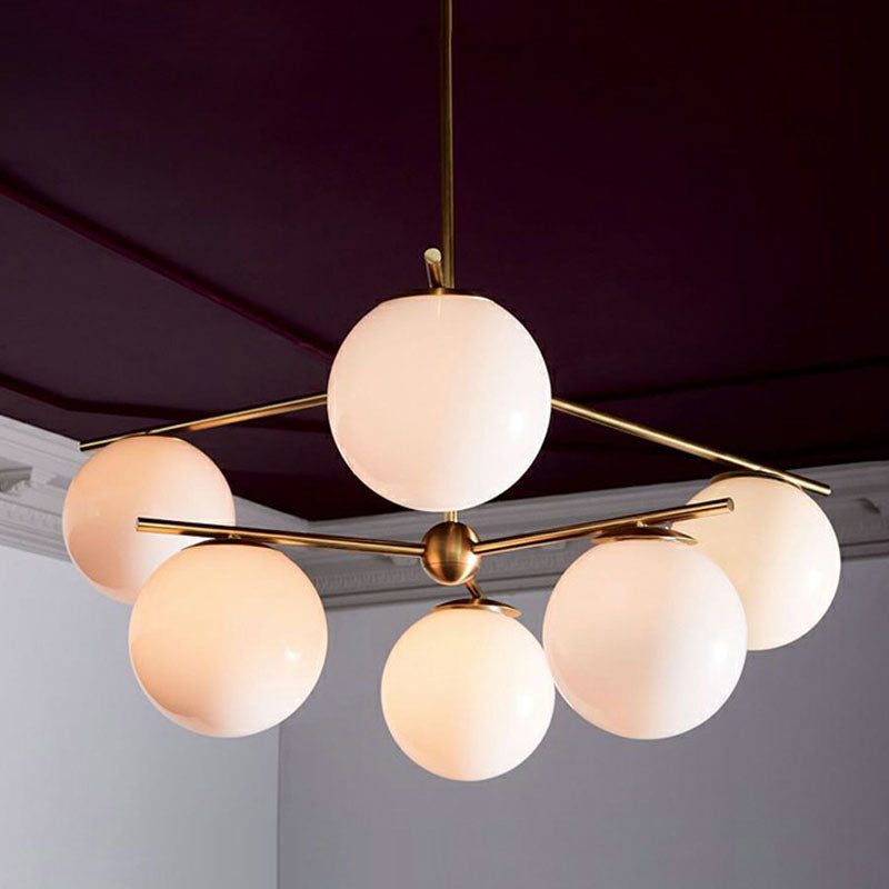 Modern White Glass Globe Chandelier - 6 Gold Heads Ceiling Light Fixture for Living Room