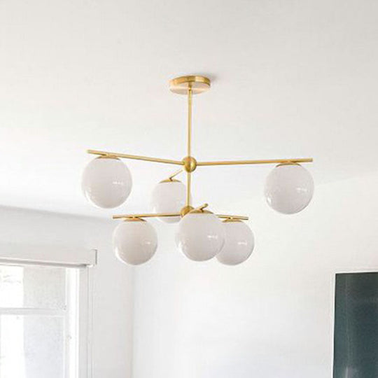 Modern White Glass Globe Chandelier - 6 Gold Heads Ceiling Light Fixture for Living Room