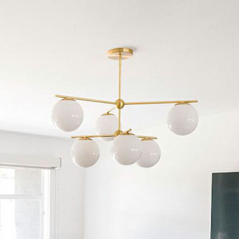 Minimalist 6-Light Gold Ceiling Chandelier With White Glass Globes For Living Room