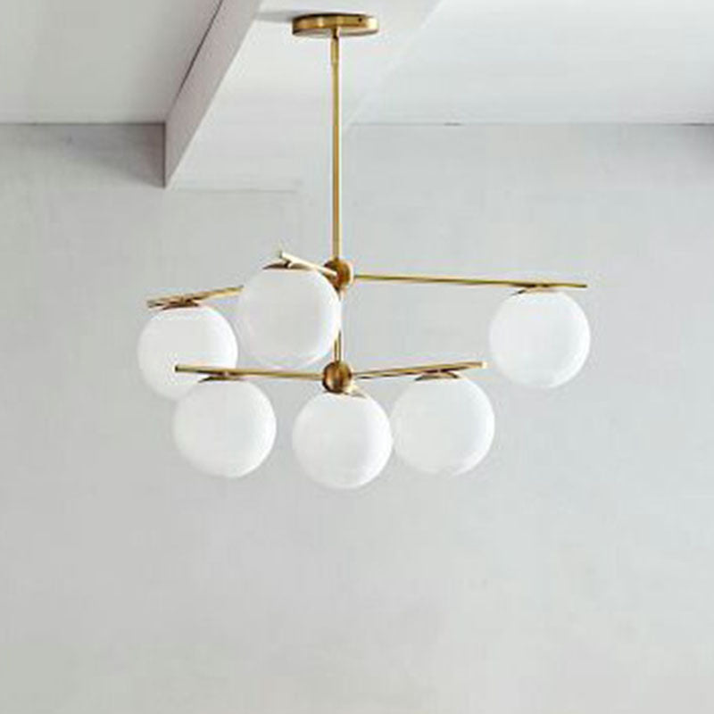 Modern White Glass Globe Chandelier - 6 Gold Heads Ceiling Light Fixture for Living Room