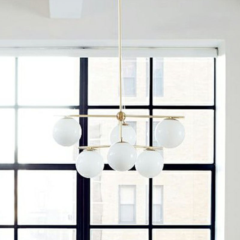 Modern White Glass Globe Chandelier - 6 Gold Heads Ceiling Light Fixture for Living Room