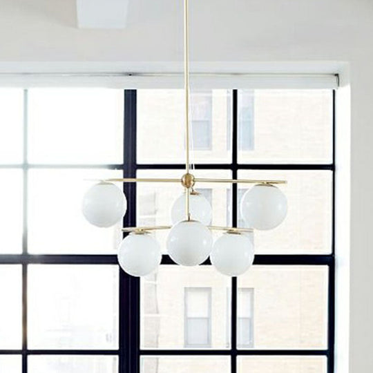 Modern White Glass Globe Chandelier - 6 Gold Heads Ceiling Light Fixture for Living Room