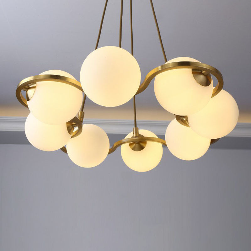 Modern Brass Finish Floral Ring Chandelier With Glass Ball Shade 8 / White