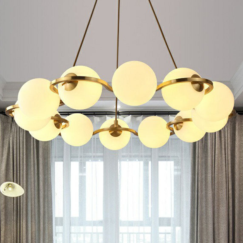 Modern Brass Finish Floral Ring Chandelier With Glass Ball Shade