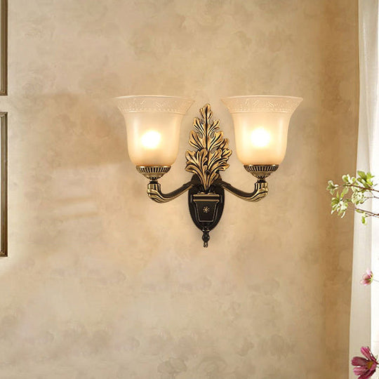 Rustic Frosted Glass Sconce: Bell Bedroom Light Fixture With Carved Black-Gold Wall Arm