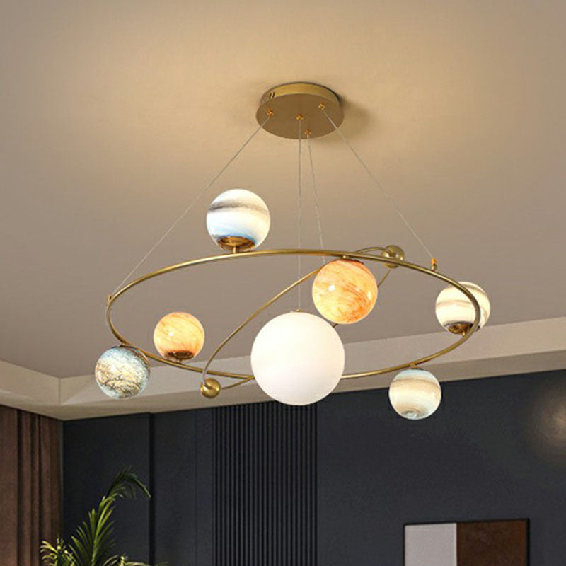 Postmodern Glass Planet Hanging Lamp with Brass Finish Ideal for Living Room