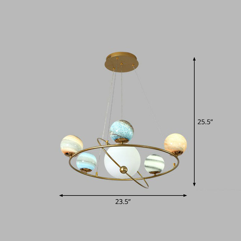 Modern Hanging Brass Chandelier Light For Living Room - Glass Planet Lamp 6 / Blue