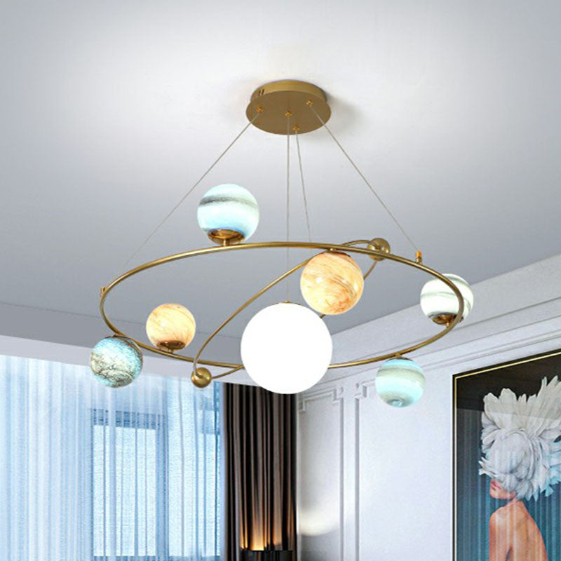 Postmodern Glass Planet Hanging Lamp with Brass Finish Ideal for Living Room