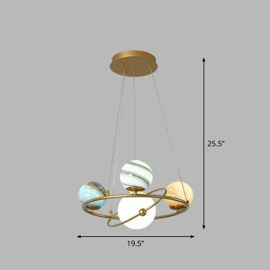 Modern Hanging Brass Chandelier Light For Living Room - Glass Planet Lamp 4 / Blue