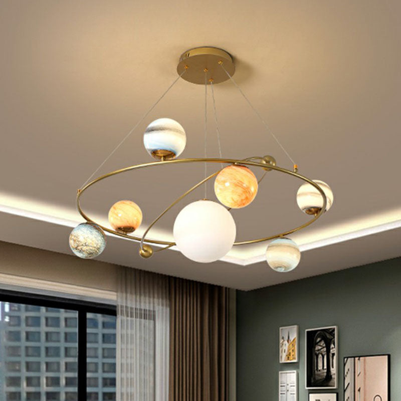 Postmodern Glass Planet Hanging Lamp with Brass Finish Ideal for Living Room