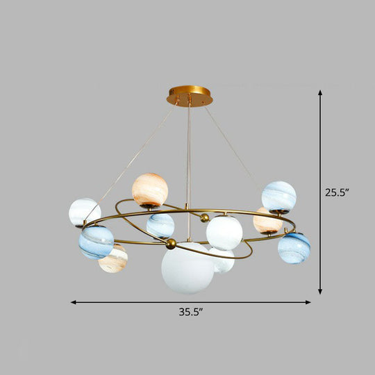 Modern Hanging Brass Chandelier Light For Living Room - Glass Planet Lamp 11 / Blue