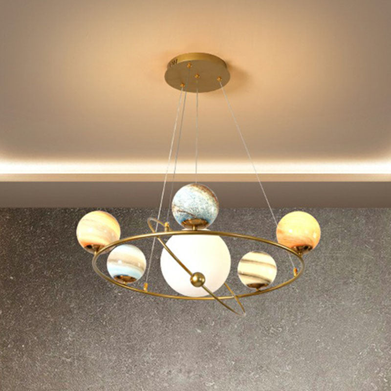 Postmodern Glass Planet Hanging Lamp with Brass Finish Ideal for Living Room