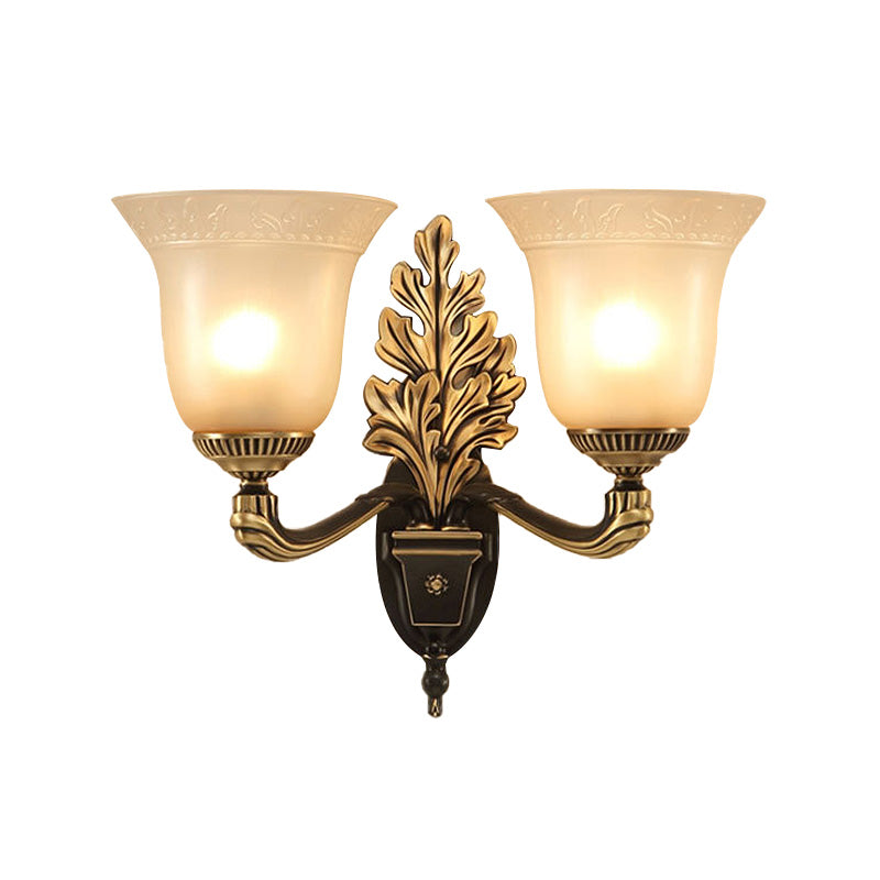 Rustic Frosted Glass Sconce: Bell Bedroom Light Fixture With Carved Black-Gold Wall Arm