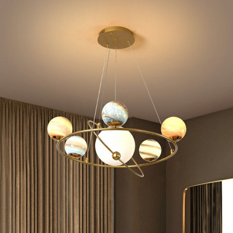 Postmodern Glass Planet Hanging Lamp with Brass Finish Ideal for Living Room