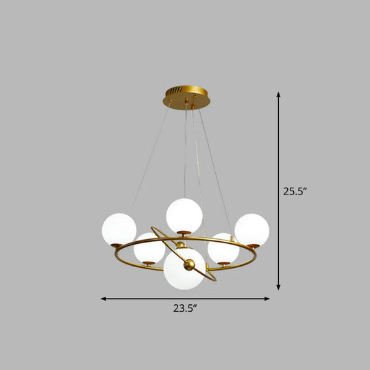 Modern Hanging Brass Chandelier Light For Living Room - Glass Planet Lamp 6 / White