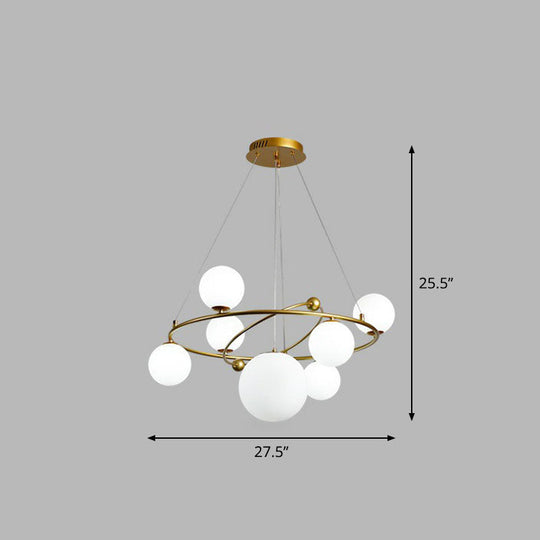 Modern Hanging Brass Chandelier Light For Living Room - Glass Planet Lamp 7 / White