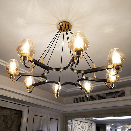 Postmodern Black-Brass Chandelier with Cone Glass Shade for Living Rooms